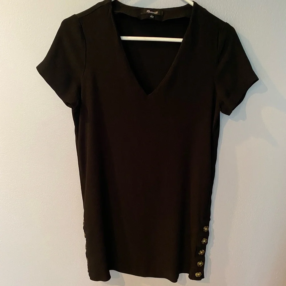 Last Call! Madewell Black V-neck Dress with Side Buttons, Small - Picture 3 of 8